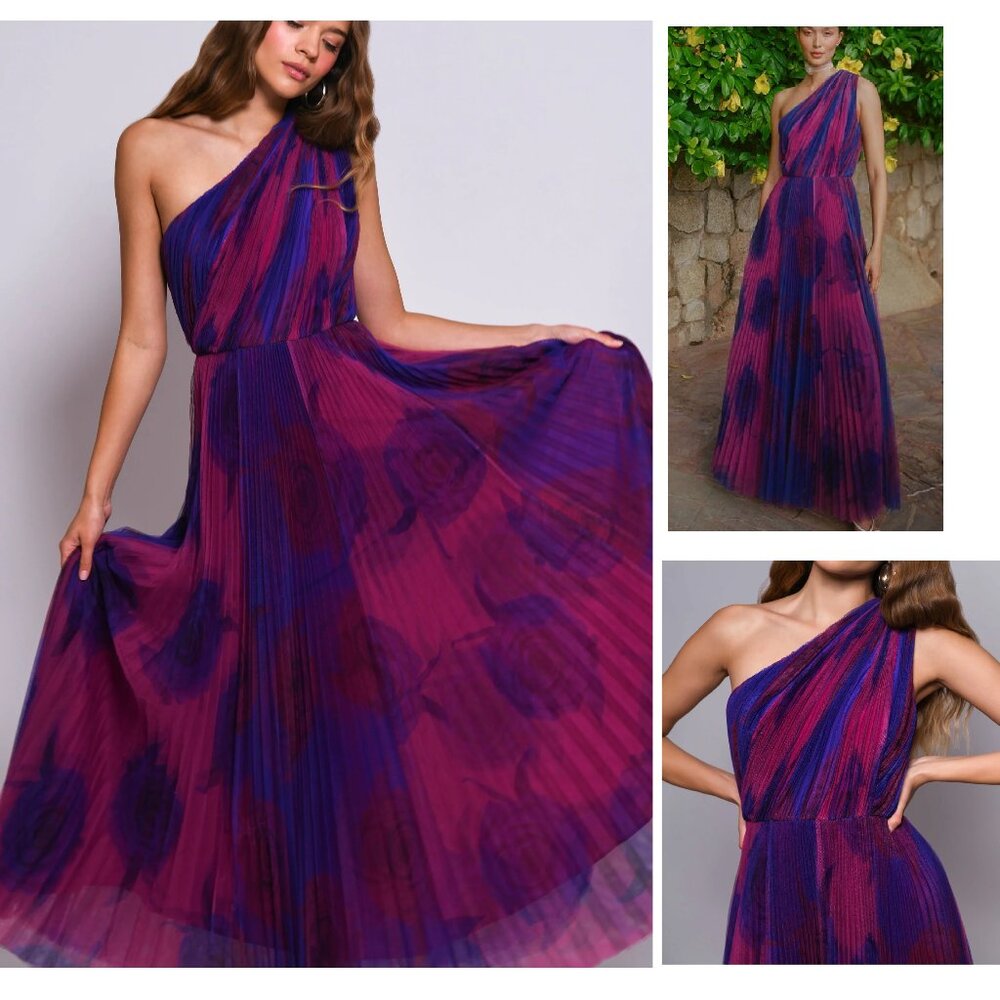 NWT HUTCH TARINA ONE SHOULDER FULL LENGTH GOWN IN PURPLE & RED COMBO ROSES